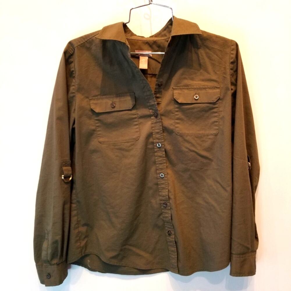 Chico's‎ Button Down Shirt Camo Green Olive Pockets Size S